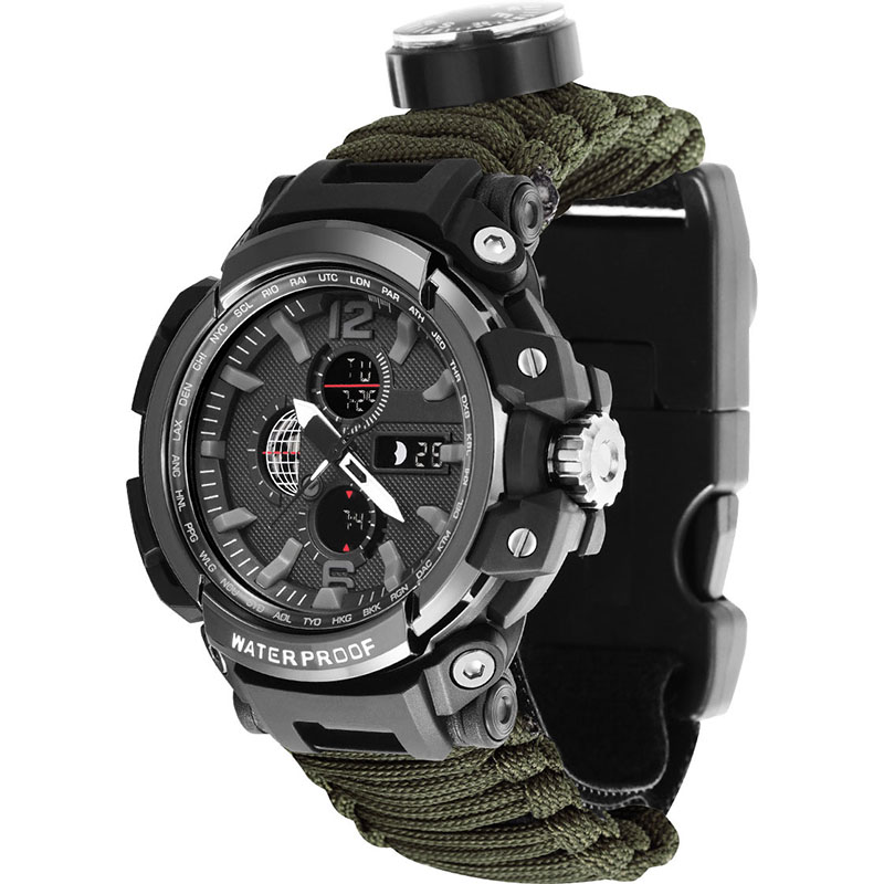 Military Green Outdoor Exploration Multi functional Deep Waterproof Watch Large dial Climbing Umbrella Rope Lifesaving Watch